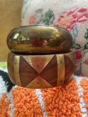 Brass and Wood Inlay Bangle Bracelet - Two-Tone Gold and Brown